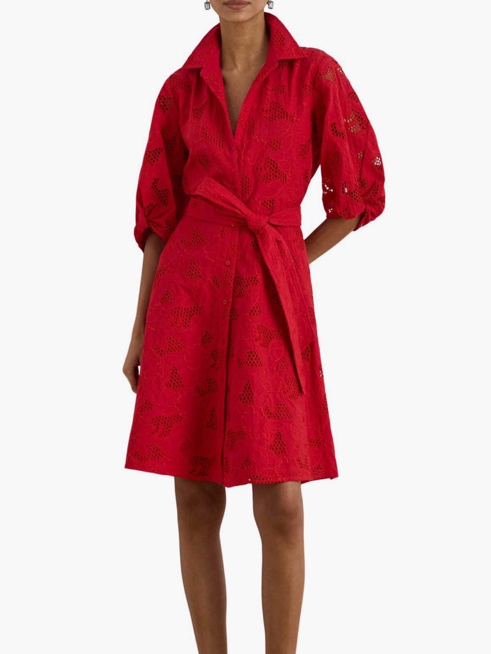 Ralph Lauren  Floral Eyelet Embroidery Self Tie Button Front Shirt Dress NWT